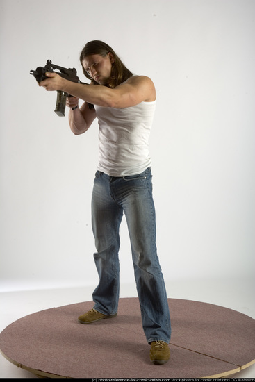 Man Young Muscular White Fighting with submachine gun Standing poses Casual