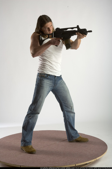 Man Young Muscular White Fighting with submachine gun Standing poses Casual