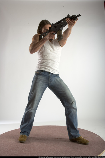 Man Young Muscular White Fighting with submachine gun Standing poses Casual