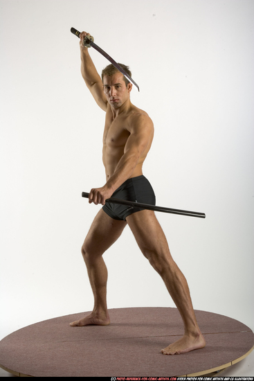 Man Adult Athletic White Fighting with sword Standing poses Underwear