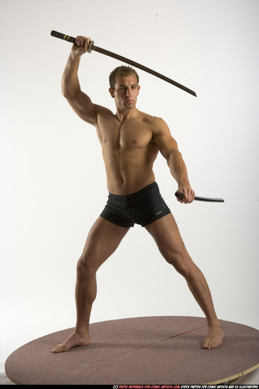 Man Adult Athletic White Fighting with sword Standing poses Underwear