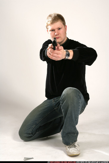 Man Young Chubby White Fighting with gun Kneeling poses Casual