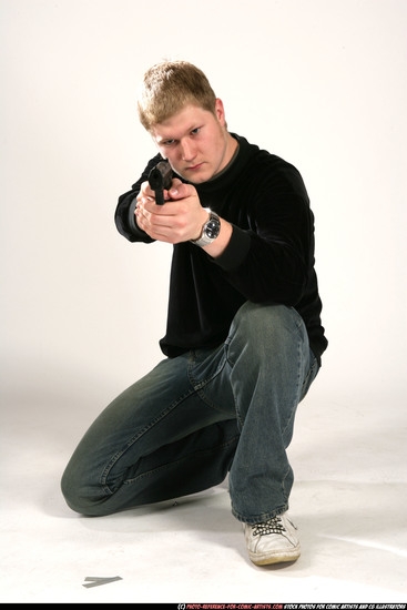 Man Young Chubby White Fighting with gun Kneeling poses Casual