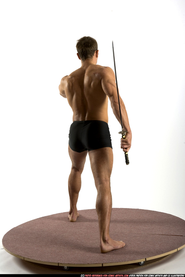 Man Adult Athletic White Fighting with sword Standing poses Underwear