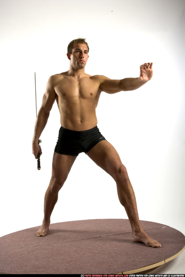 Man Adult Athletic White Fighting with sword Standing poses Underwear