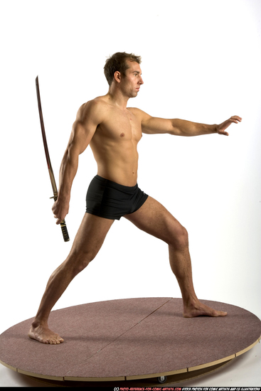 Man Adult Athletic White Fighting with sword Standing poses Underwear