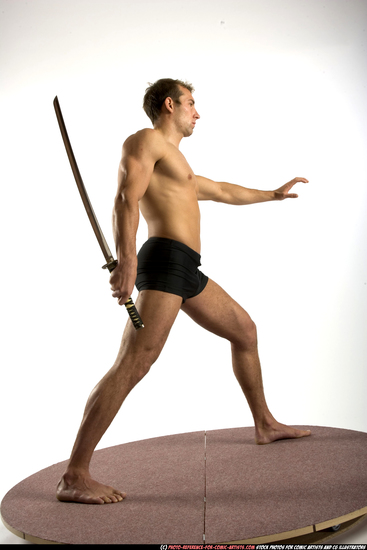 Man Adult Athletic White Fighting with sword Standing poses Underwear