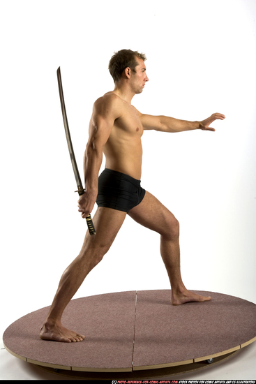 Man Adult Athletic White Fighting with sword Standing poses Underwear