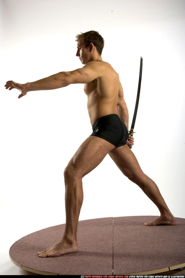 Man Adult Athletic White Fighting with sword Standing poses Underwear