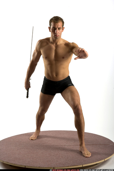 Man Adult Athletic White Fighting with sword Standing poses Underwear