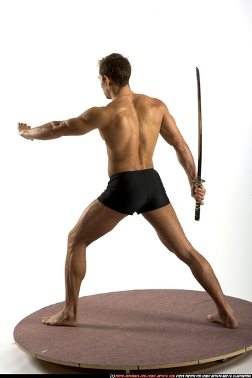 Man Adult Athletic White Fighting with sword Standing poses Underwear