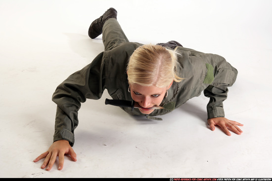 Woman Adult Athletic White Fighting with knife Laying poses Army