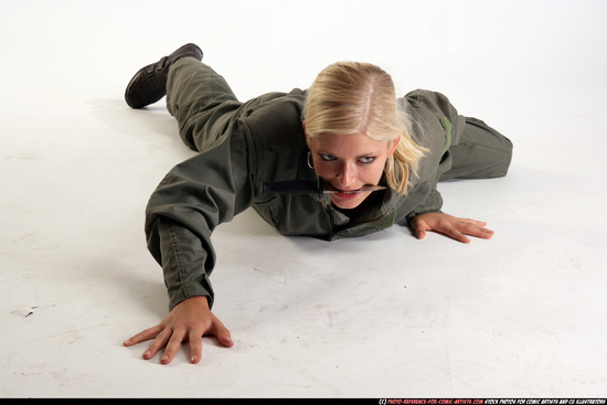 Woman Adult Athletic White Fighting with knife Laying poses Army