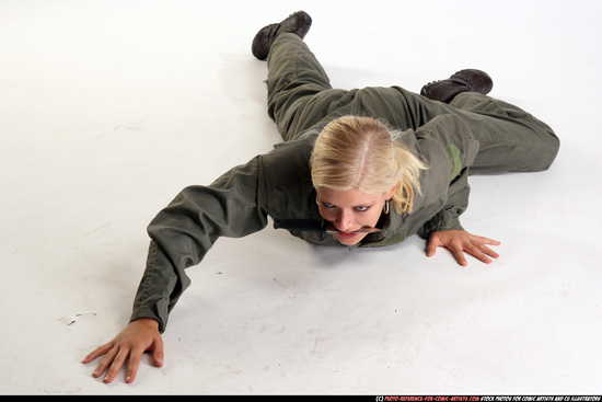 Woman Adult Athletic White Fighting with knife Laying poses Army