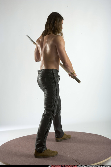 Man Adult Muscular White Fighting with spear Standing poses Pants