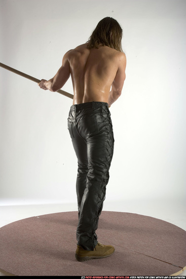 Man Adult Muscular White Fighting with spear Standing poses Pants