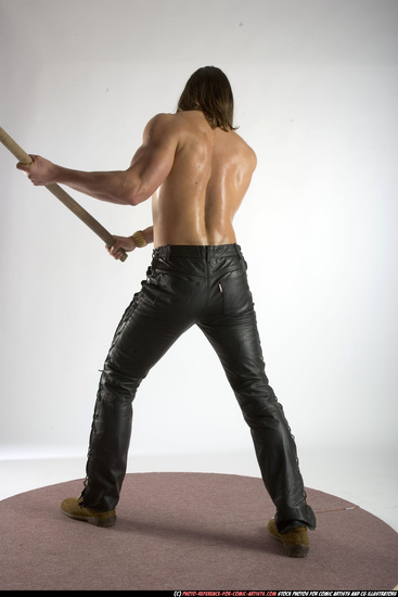 Man Adult Muscular White Fighting with spear Standing poses Pants