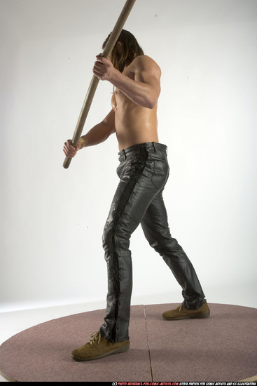 Man Adult Muscular White Fighting with spear Standing poses Pants