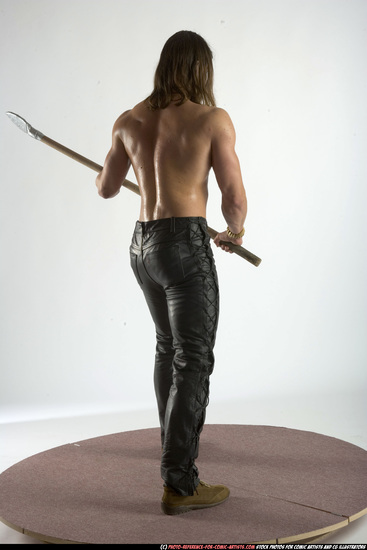 Man Adult Muscular White Fighting with spear Standing poses Pants