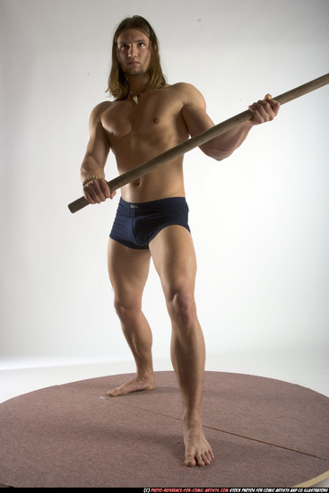 Man Adult Muscular White Fighting with spear Standing poses Underwear