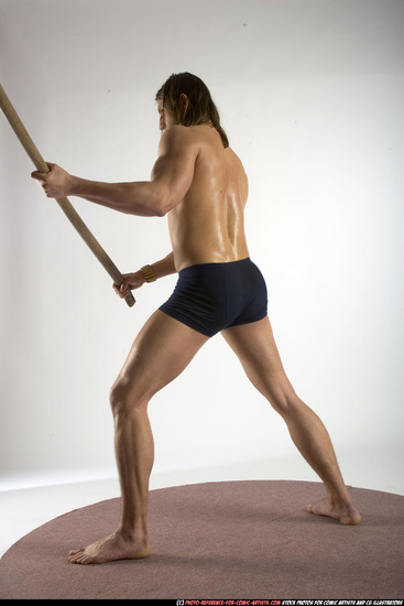 Man Adult Muscular White Fighting with spear Standing poses Underwear