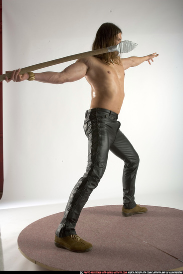 Man Adult Muscular White Fighting with spear Standing poses Pants