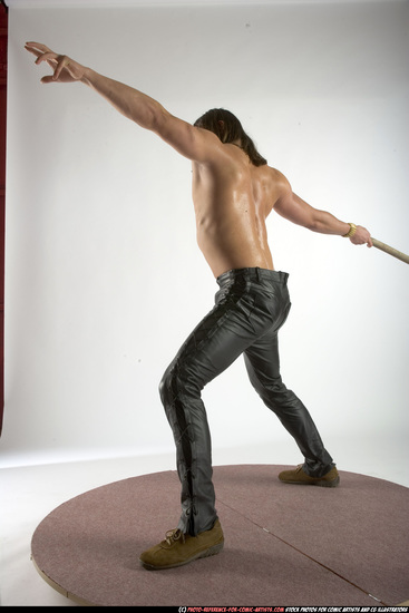 Man Adult Muscular White Fighting with spear Standing poses Pants