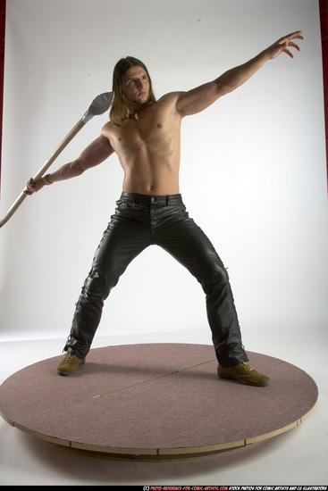 Man Adult Muscular White Fighting with spear Standing poses Pants