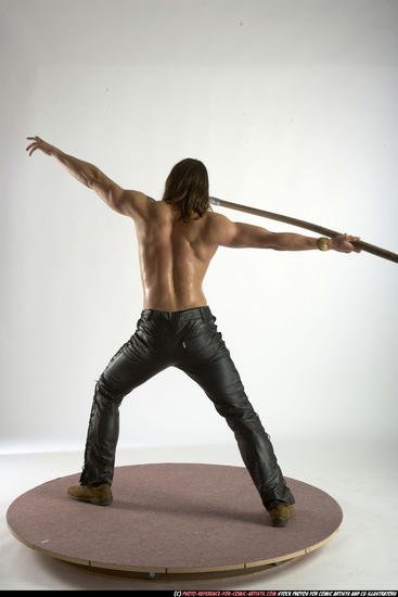 Man Adult Muscular White Fighting with spear Standing poses Pants