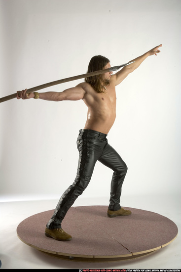 Man Adult Muscular White Fighting with spear Standing poses Pants