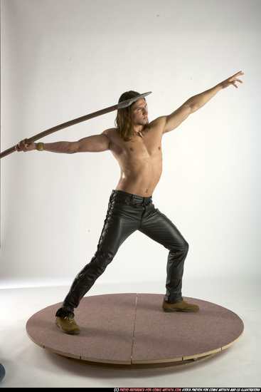 Man Adult Muscular White Fighting with spear Standing poses Pants