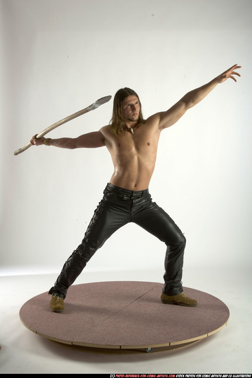 Man Adult Muscular White Fighting with spear Standing poses Pants
