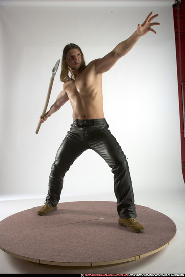 Man Adult Muscular White Fighting with spear Standing poses Pants