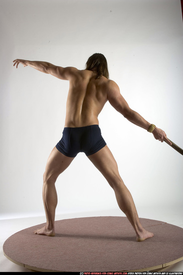 Man Adult Muscular White Fighting with spear Standing poses Underwear