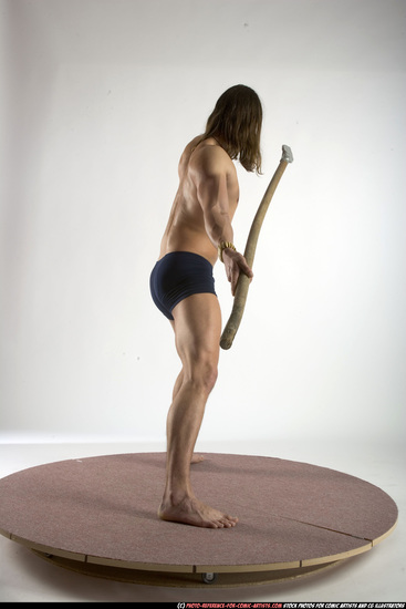 Man Adult Muscular White Fighting with spear Standing poses Underwear