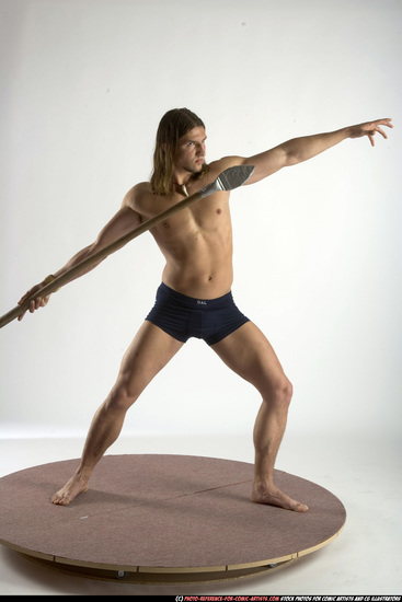 Man Adult Muscular White Fighting with spear Standing poses Underwear