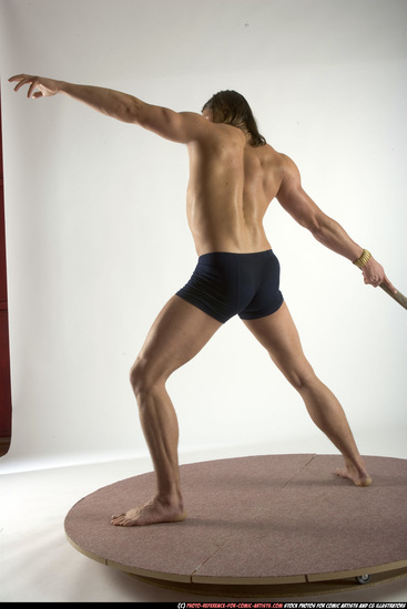 Man Adult Muscular White Fighting with spear Standing poses Underwear