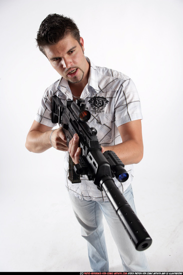 Man Adult Average White Fighting with submachine gun Standing poses Casual