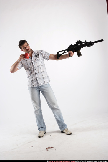 Man Adult Average White Fighting with submachine gun Standing poses Casual