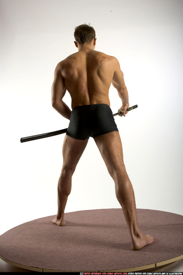 Man Adult Muscular White Fighting with sword Standing poses Underwear