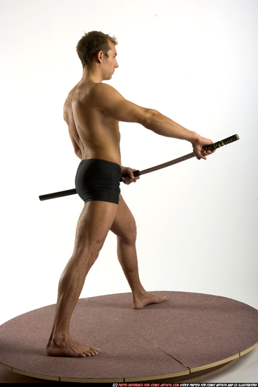 Man Adult Muscular White Fighting with sword Standing poses Underwear