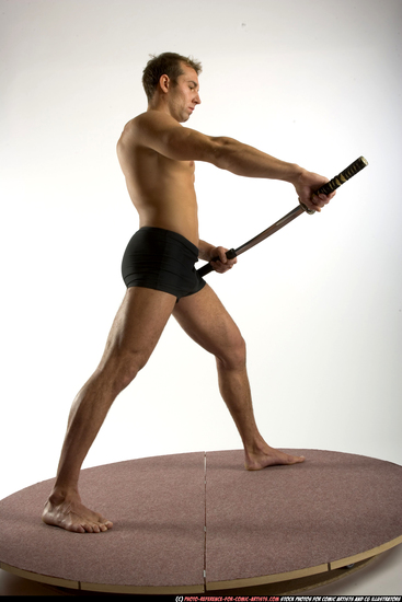 Man Adult Muscular White Fighting with sword Standing poses Underwear