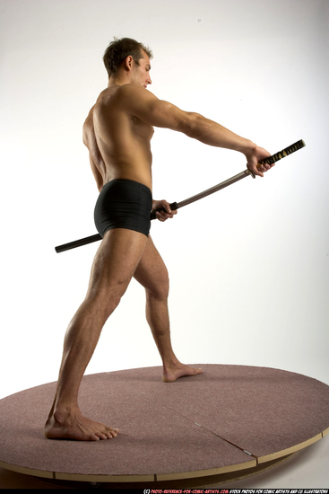 Man Adult Muscular White Fighting with sword Standing poses Underwear