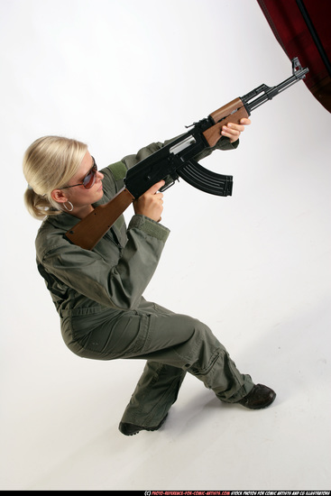 Woman Adult Athletic White Fighting with submachine gun Crouching Army