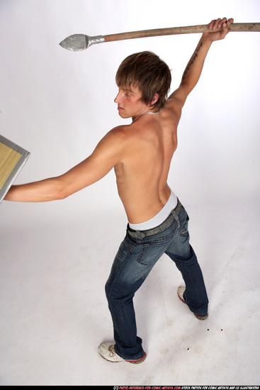 Man Young Muscular White Fighting with spear Standing poses Pants