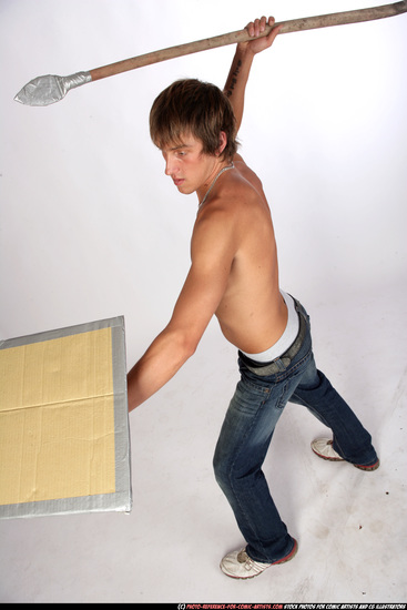 Man Young Muscular White Fighting with spear Standing poses Pants