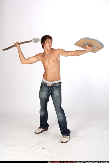 Man Young Muscular White Fighting with spear Standing poses Pants