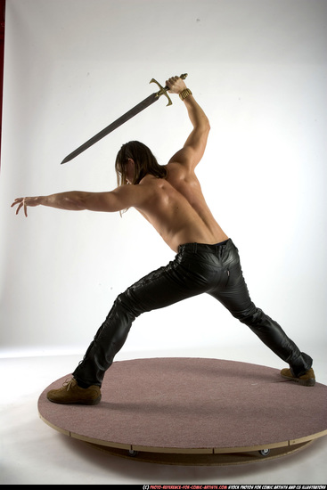 Man Adult Muscular White Fighting with sword Standing poses Pants