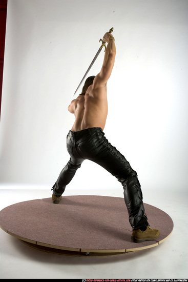 Man Adult Muscular White Fighting with sword Standing poses Pants