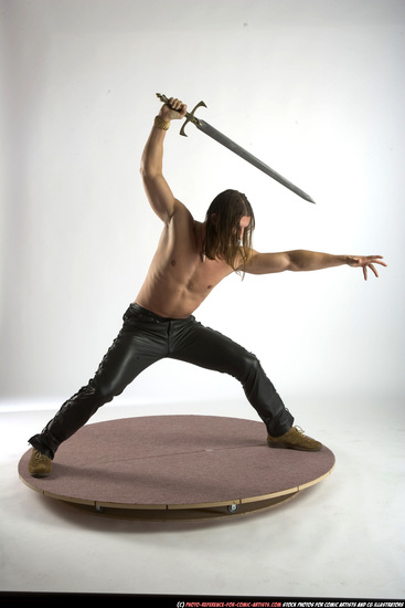 Man Adult Muscular White Fighting with sword Standing poses Pants